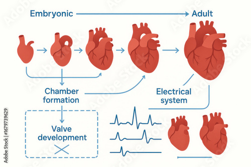 Heart Development Diagram: Embryonic to Adult Stages, Illustration