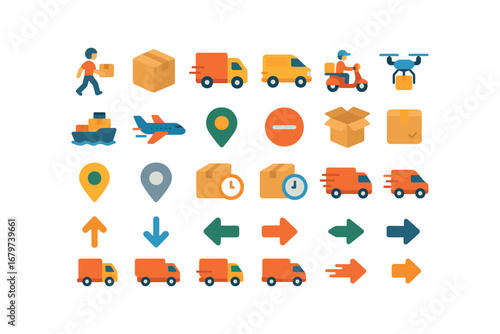 colorful flat vector icons Delivery (Basic) delivery icon delivery box delivery truck delivery van delivery bike delivery drone delivery ship delivery plane delivery start delivery delivery.