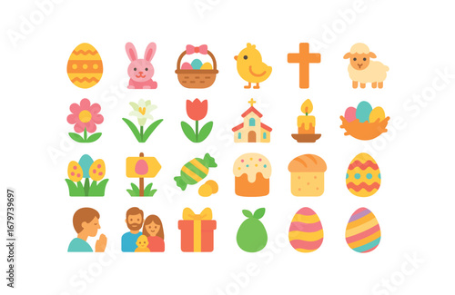 colorful flat vector icons Easter (Types) easter egg easter bunny easter basket easter chick easter cross easter lamb easter flower easter lily easter tulip easter church easter candle.
