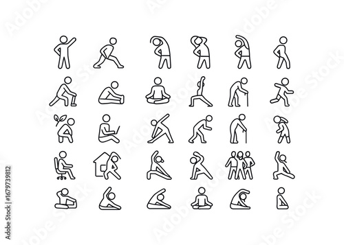 vector outline icons Stretching (Types) stretching arms stretching legs stretching back stretching neck stretching side stretching spine stretching seated stretching standing stretching.