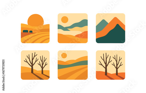 vector colorful flat filled icons golden chill season (landscape): sunset over fields misty valley mountain slopes bare trees long shadows pale sky.