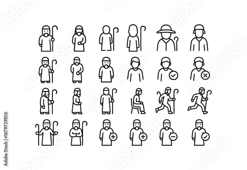 vector outline icons Shepherd (Basic) shepherd icon shepherd man shepherd woman shepherd staff shepherd crook shepherd hat shepherd robe shepherd active shepherd inactive shepherd old.