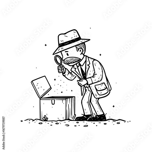 Detective investigating treasure chest with magnifying glass vector illustration line art drawing design concept