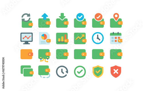 colorful flat vector icons Wallet (Advanced) wallet sync wallet backup wallet restore wallet verify wallet unverified wallet track wallet monitor wallet report wallet stats wallet chart.