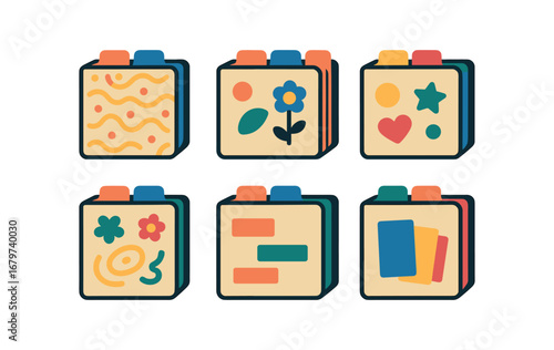 vector colorful flat filled icons accordion file (creative): patterned cover decorative tabs stickers doodles printed labels colorful inserts.