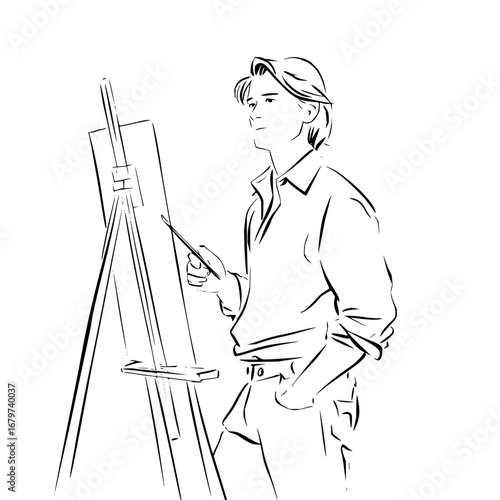 Line art illustration of a young man painting on canvas with brush in hand art studio drawing sketch 100