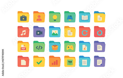 colorful flat vector icons Folder (Types) folder work folder personal folder project folder school folder music folder video folder image folder document folder pdf folder code folder.