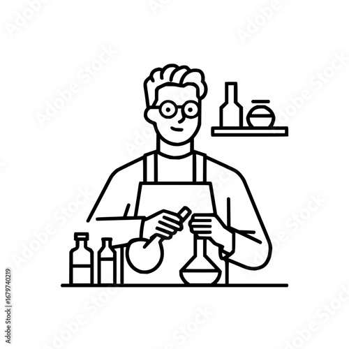 Scientist doing chemistry research in laboratory with beakers flasks and test tubes line art vector icon