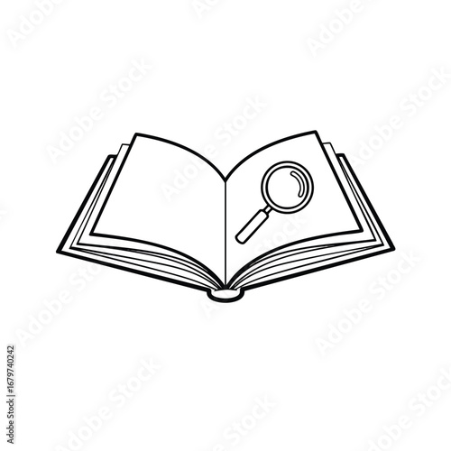 Simple line art illustration of searching for information in a book.