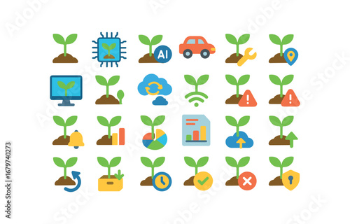 colorful flat vector icons Seedling (Advanced) seedling smart seedling ai seedling auto seedling manual seedling tracker seedling monitor seedling synced seedling unsynced seedling online.