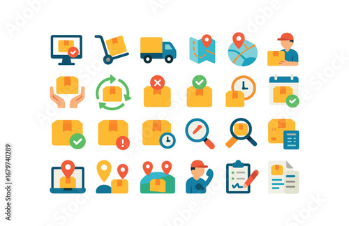colorful flat vector icons Delivery (Process) delivery order delivery packed delivery shipped delivery transit delivery route delivery arrived delivery received delivery returned delivery.
