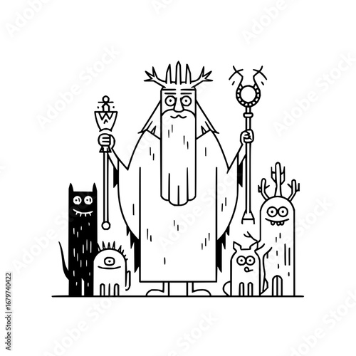 Whimsical wizard illustration with cartoon creatures and magical staves perfect for fantasy art prints