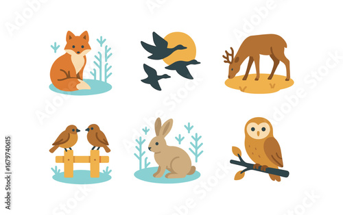vector colorful flat filled icons golden chill season (wildlife): fox in frost geese flying deer grazing sparrows on fence hare in snow owl on branch.