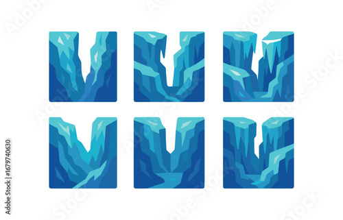 vector colorful flat filled icons icicle canyon (abstract): jagged shapes glassy textures cold palette shimmering highlights layered ice glow.