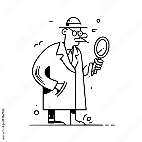 Cartoon detective investigator with magnifying glass vector illustration outline drawing art 100