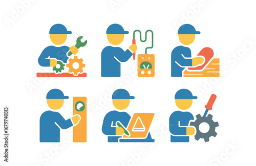 vector colorful flat filled icons technical apprenticeship (process): assembling parts testing circuit sanding wood calibrating machine drafting plan fixing gear.