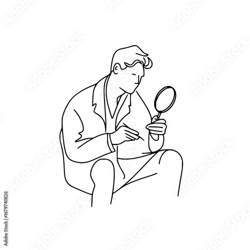 Scientist research vector line art illustration of man using magnifying glass for science investigation work