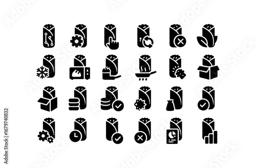 vector solid black filled icons Wrap (Advanced) wrap smart wrap auto wrap manual wrap synced wrap unsynced wrap organic wrap wrap reheated wrap baked wrap fried wrap grilled wrap packed.