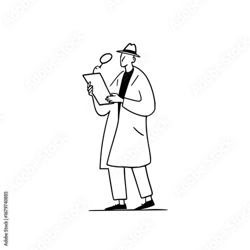 Detective investigation analyzing evidence with magnifying glass and clipboard vector line art illustration