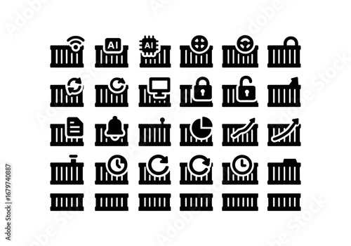 vector solid black filled icons Container (Advanced) container smart container ai container auto container manual container synced container unsynced container monitor container track.