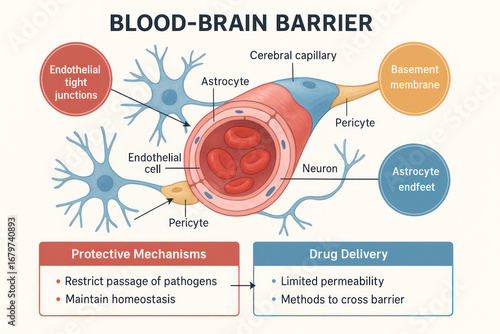 Blood-Brain Barrier Diagram: Illustration of protective mechanisms and drug delivery challenges, crucial for neuroscience. [Illustration]