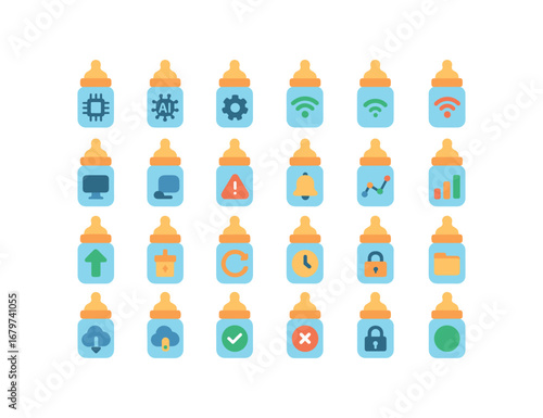 colorful flat vector icons Baby Bottle (Advanced) bottle smart bottle ai bottle auto bottle manual bottle synced bottle unsynced bottle monitor bottle tracker bottle alert bottle notify.