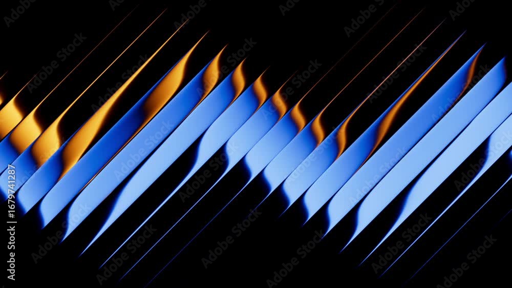 Cyclic 3D animation. Abstract minimalist background divided into diagonal black glossy stripes with reflection. Transforming blue and yellow gradient, changing colors.