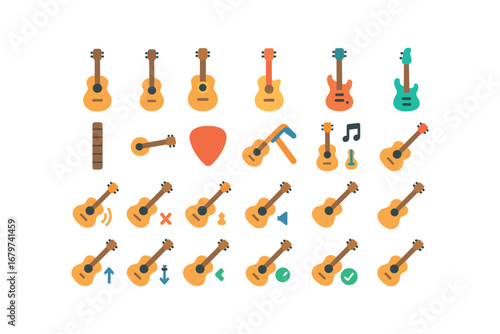 colorful flat vector icons Guitar (Basic) guitar icon guitar small guitar large guitar new guitar old guitar acoustic guitar electric guitar bass guitar string guitar fret guitar pick.