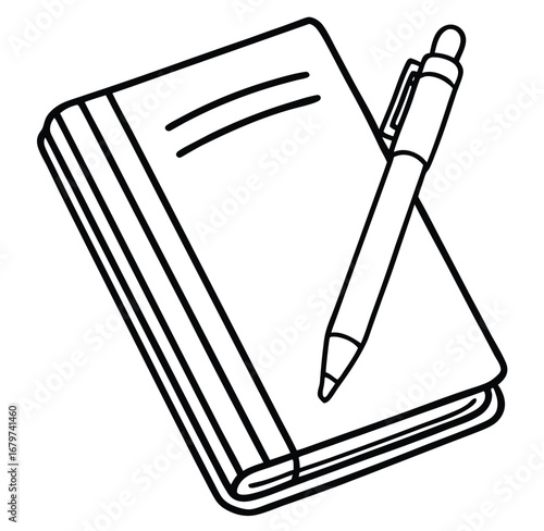Black pen and pencil on a blank open notebook for business or education notes