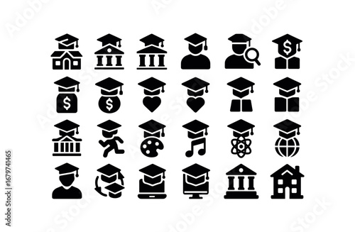 vector solid black filled icons Scholarship (Types) scholarship school scholarship college scholarship university scholarship phd scholarship research scholarship grant scholarship fund.