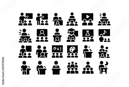 vector solid black filled icons Lecture (Types) lecture class lecture seminar lecture talk lecture workshop lecture keynote lecture online lecture offline lecture recorded lecture live.