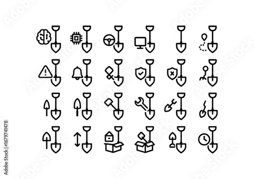 vector outline icons Shovel (Advanced) shovel smart shovel ai shovel auto shovel manual shovel synced shovel unsynced shovel monitor shovel track shovel alert shovel notify shovel secure.