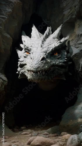 A fantasy dragon hidden within a stone cavern, with sharp teeth and glowing eyes.