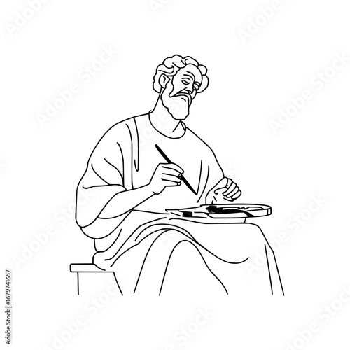 Illustration of ancient artist painting artwork with brush on canvas in line art style vector design image