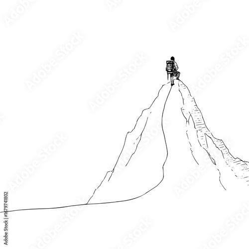 Mountain climber drawing reaching the summit of a peak in black and white illustration style image vector