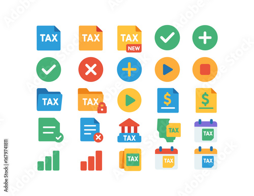 colorful flat vector icons Tax (Basic) tax icon tax new tax old tax active tax inactive tax valid tax invalid tax add tax remove tax open tax closed tax start tax tax confirm tax cancel tax.