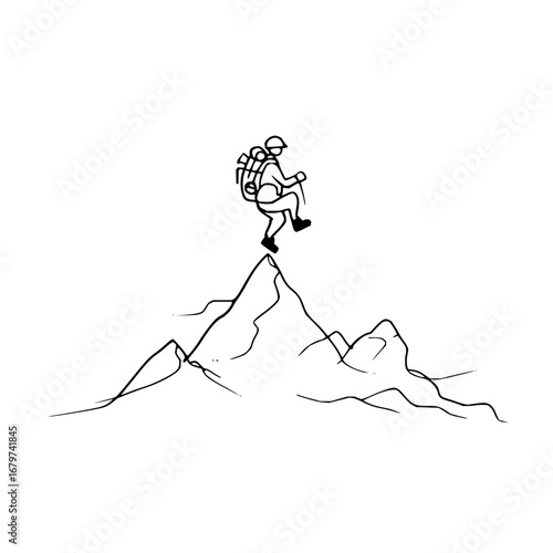 Mountain climber reaching summit peak vector illustration for hiking adventure and outdoor travel graphics