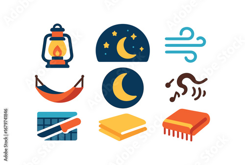 vector colorful flat filled icons hammock balancing (night): lantern glow starry sky cool breeze moonlight quiet sounds warm blanket.