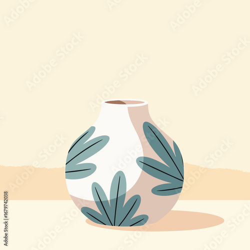 Illustrated White Ceramic Vase with Leaf Pattern.