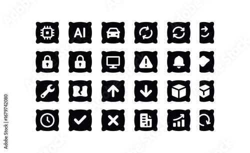 vector solid black filled icons Cushion (Advanced) cushion smart cushion ai cushion auto cushion manual cushion synced cushion unsynced cushion secure cushion unsecure cushion monitor.
