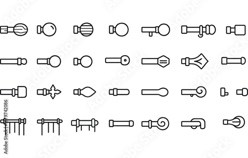 vector outline icons Curtain Rod (Types) curtainrod wood curtainrod metal curtainrod plastic curtainrod glass curtainrod single curtainrod double curtainrod extendable curtainrod fixed.