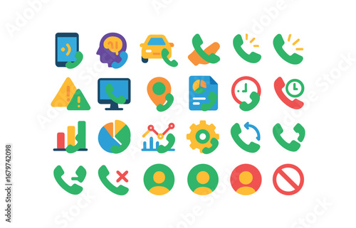 colorful flat vector icons Call (Advanced) call smart call ai call auto call manual call notify call alert call monitor call track call report call history call stats call chart call graph.