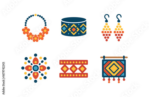 vector colorful flat filled icons beadwork (creative): floral necklace geometric bracelet beaded earrings intricate brooch decorative belt wall art.