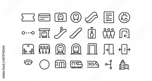 vector outline icons (Content) ticket card pass token schedule map route platform escalator stairs elevator crowd empty rush offpeak entry exit light dark local express line city travel.