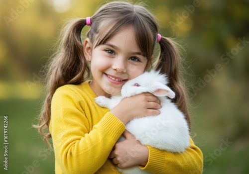 A young girl beams with joy as she cuddles a sweet, fluffy white bunny rabbit