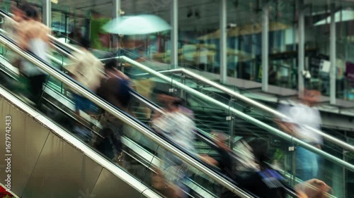 Large crowd of people moves upwards on an escalator in a modern commercial or transportation hub. The long exposure shot creates a dynamic motion blur effect, depicting the fast pace and constant