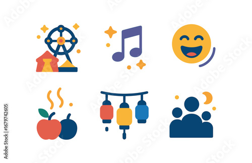 vector colorful flat filled icons traditional fair (night): glowing lights music laughter food aromas lanterns crowd silhouettes.