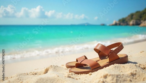 Relaxing on the beach, toes in the sand, wearing comfortable and stylish beach sandals Perfect for summer vacation or a tropical getaway Enjoy the sun and sea in ultimate comfort , sun, sky, waves