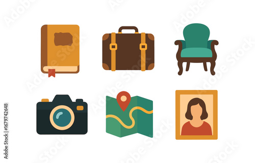vector colorful flat filled icons second chapter phase (historic): old diary vintage suitcase restored furniture classic camera travel map framed portrait.