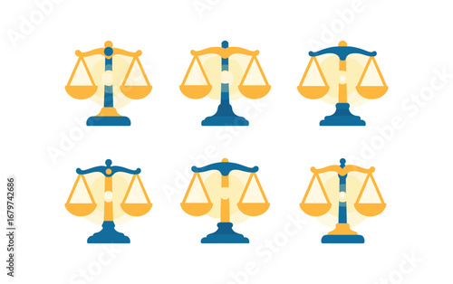 vector colorful flat filled icons balance of justice (abstract): symmetrical lines gold and blue tones glowing center smooth edges centered weight airy background.
